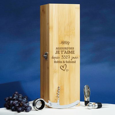 Coffret sommelier personnalisé couple - 4 accessoires - Aujourd'hui je t'aime depuis