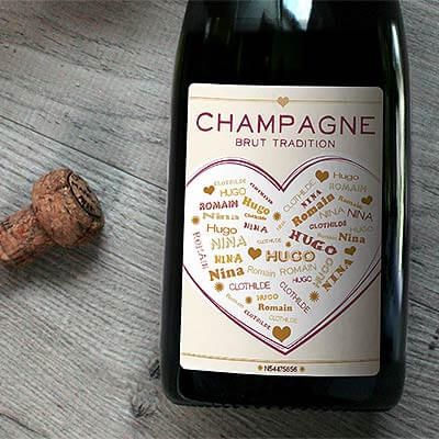 Bouteille de champagne personnalisée prénoms - Coeur Famille