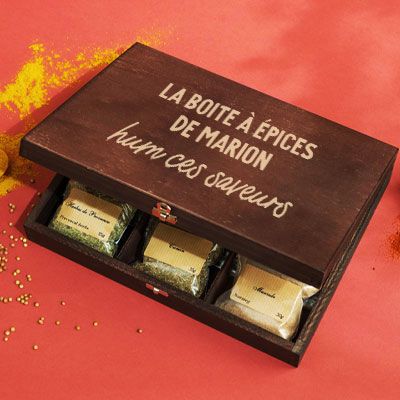 Petit coffret d'épices gravé Message - 9 épices du monde