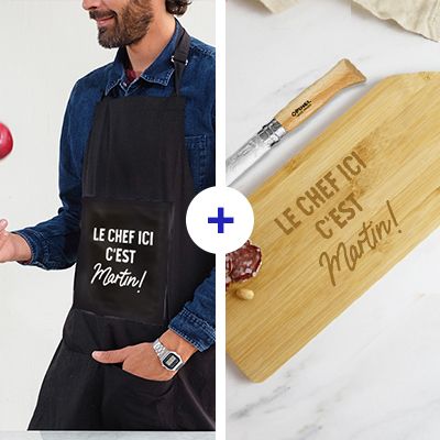 Coffret cuisine - Tablier noir et planche apéro personnalisés