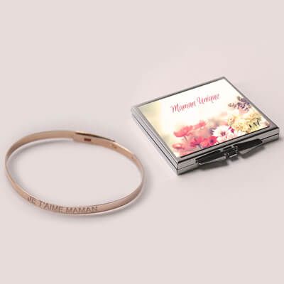 Bracelet Jonc gravé Je t'aime maman Argent rosé et son miroir personnalisable