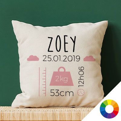 Housse de coussin bébé personnalisé avec prénom et date de naissance