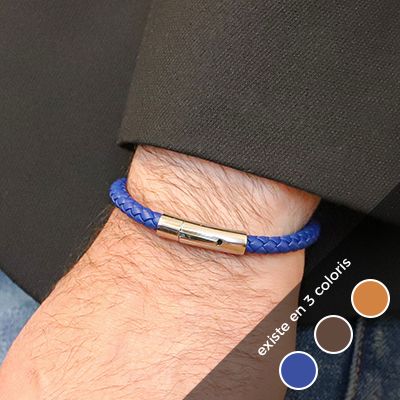 Bracelet en cuir tressé coloré - Marron foncé, camel ou bleu marine