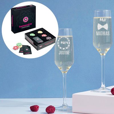 Flûtes à champagne personnalisées - Pack coquin Poker Kamasutra