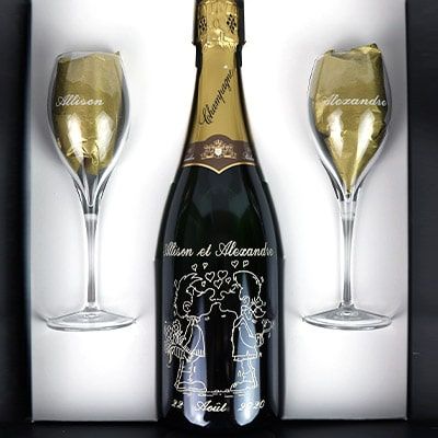 Bouteille de champagne personnalisée gravée - Avec flûtes à champagne