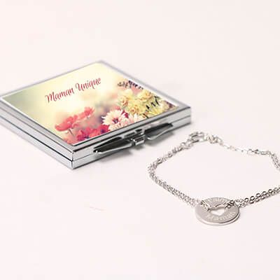 Miroir de sac Personnalisable - avec son bracelet double chaîne coeur