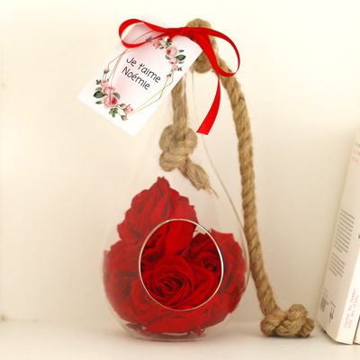 Vase suspendu avec roses éternelles - Message personnalisé