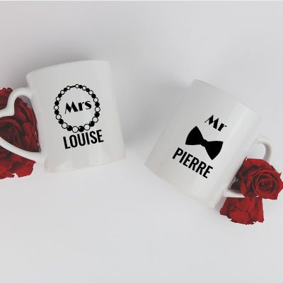 Duo de mugs personnalisés prénoms couple - Mr & Mrs