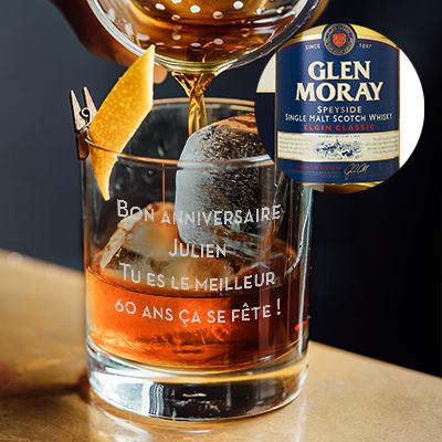 Bouteille de whisky Glen Moray - Avec un verre personnalisé