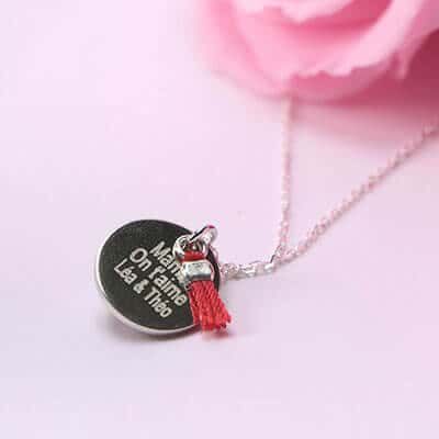 Collier médaille argent véritable - Pompon rouge ou bleu 