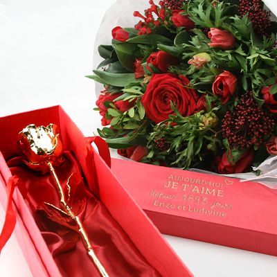 Grande rose en or dans son écrin personnalisable - Aujourd'hui je t'aime depuis