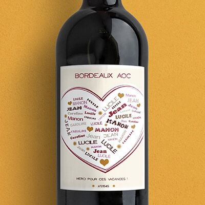 Bouteille de vin de Bordeaux personnalisée prénoms - Coeur Famille