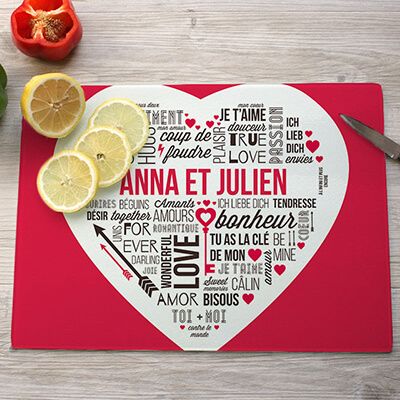 Planche à découper en verre personnalisée - Mots d'Amour