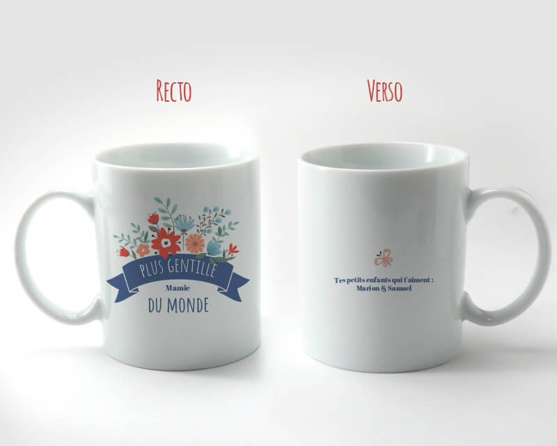 Cadeaux Fête des grands-mères : ensemble mug 'Mamie fleurie' et biscuits emballés dans un coffret cadeau élégant, prêt à être offert.