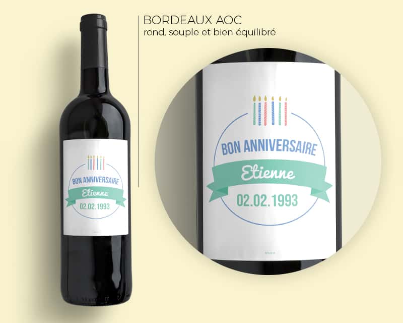 Bouteille de vin de Bordeaux personnalisée anniversaire - Bougies Vert