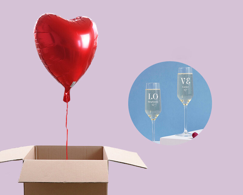 DUO Ballon cœur hélium et 2 Flûtes à Champagne Personnalisables