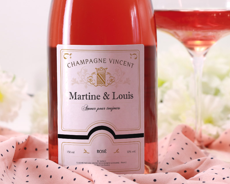 Bouteille de champagne rosé personnalisée couple - Avec ballon cœur hélium