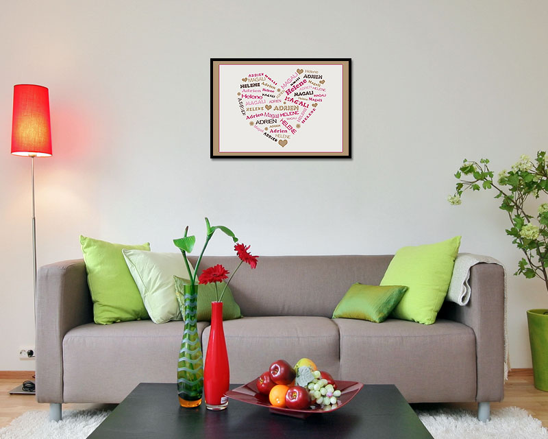 Affiche personnalisée prénoms - Coeur Famille Rose
