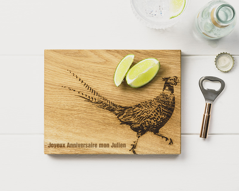 Petite planche à découper personnalisable en bois de Chêne écossais et son décapsuleur - Faisan