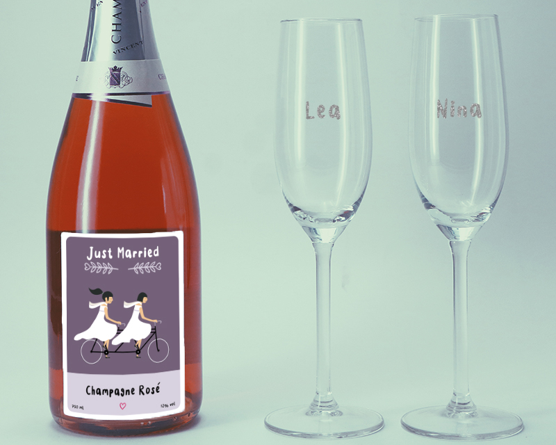 Voir l'image 2 du produit Champagne rosé Just Married et Lot de 2 Flûtes à Champagne Personnalisables Prénom