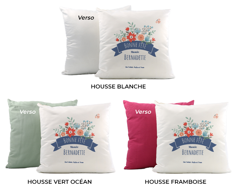 Cadeaux Fête des grands-mères : coussin 'Mamie Fleurie' avec housses de différentes couleurs pour personnalisation.