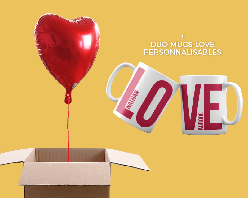 DUO Ballon cœur hélium et 2 Mugs Personnalisables - LOVE
