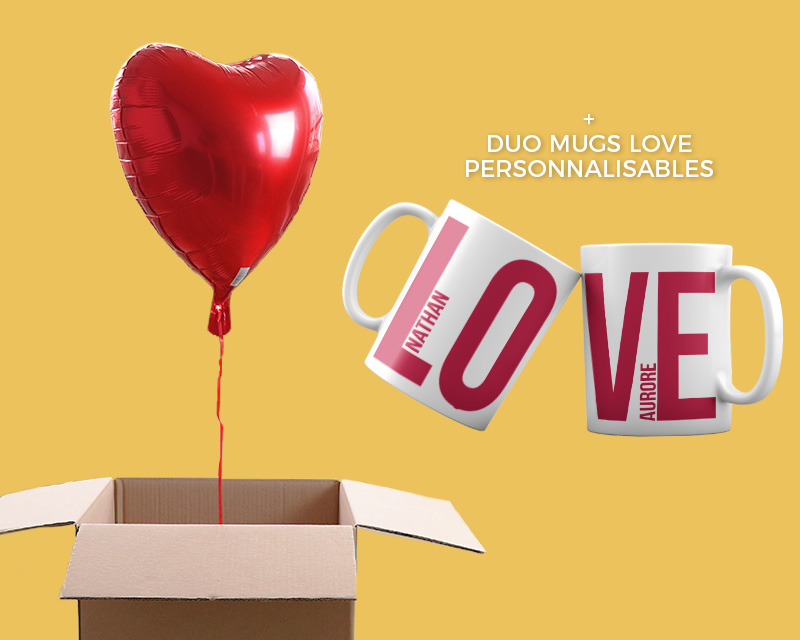 Mugs personnalisés couple - Avec ballon hélium cœur