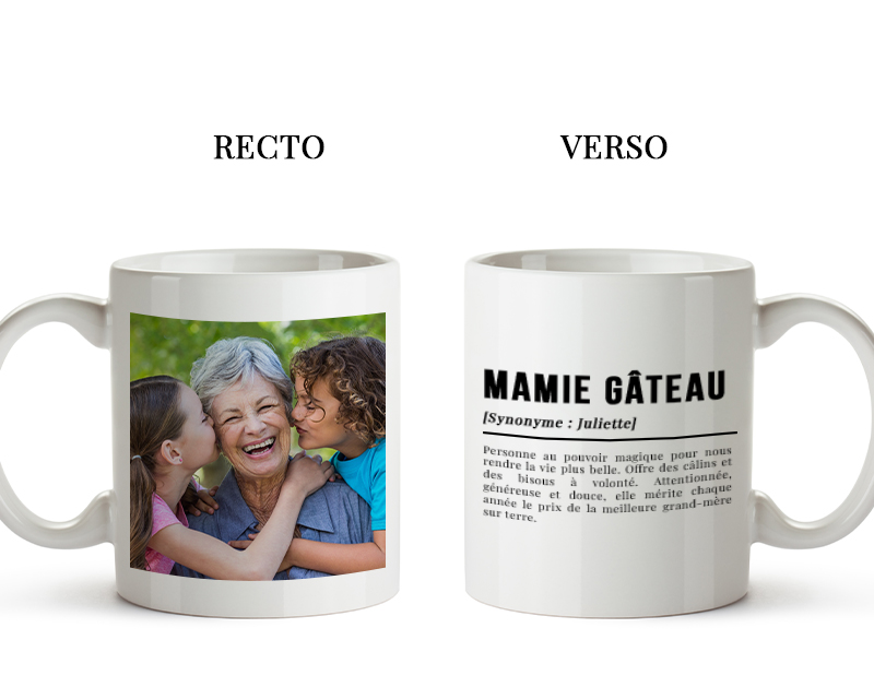 Cadeaux Fête des mamies : recto et verso du mug 'Définition Mamie', avec personnalisation texte et photo sur chaque face.