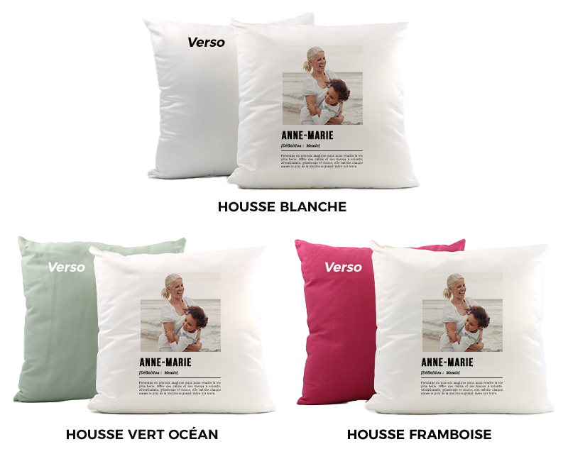 Idée cadeau Fête des mamies : trois coussins 'Définition Mamie' avec housses de couleurs différentes, montrant les options de personnalisation disponibles.