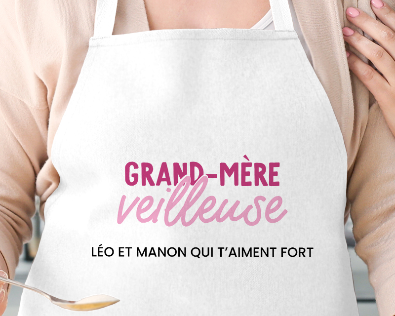 Cadeau personnalisé Fête des grands-mères 2025 : tablier blanc de 80x70 cm avec liens ajustables, personnalisé 'Grand Mère-veilleuse'.