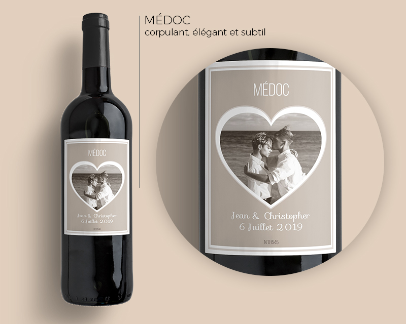 Bouteille de vin de Bordeaux personnalisée photo et message - Coeur Photo