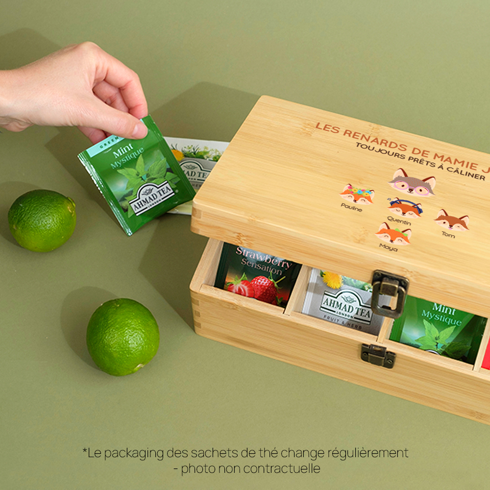 Cadeau personnalisé Fête des grands-mères 2025 : intérieur de la boîte à thé en bois avec compartiments remplis de sachets de thé variés.