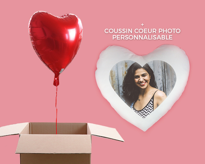 Coussin coeur personnalisé photo - Avec ballon cœur hélium