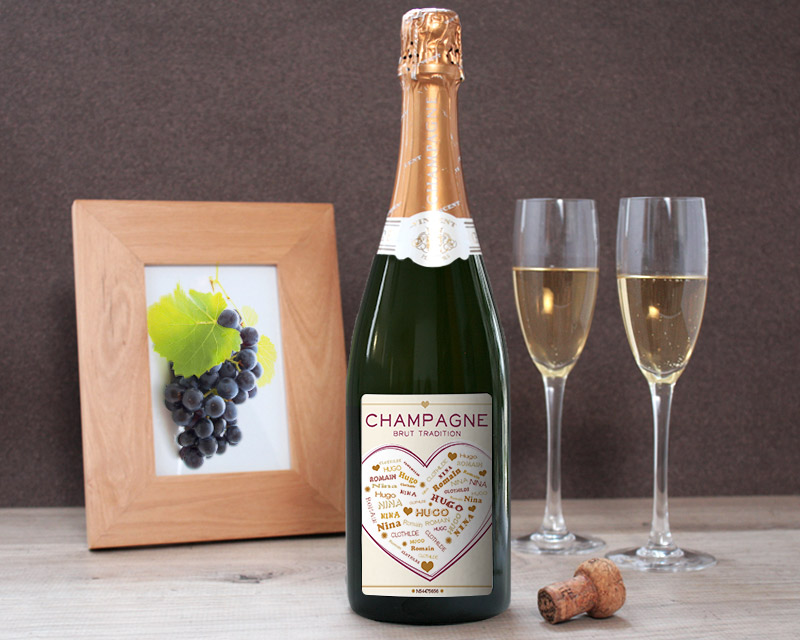Bouteille de champagne personnalisée prénoms - Coeur Famille