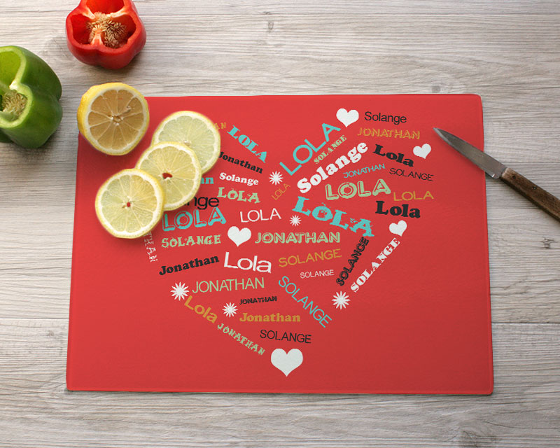 Planche à découper en verre Coeur Famille