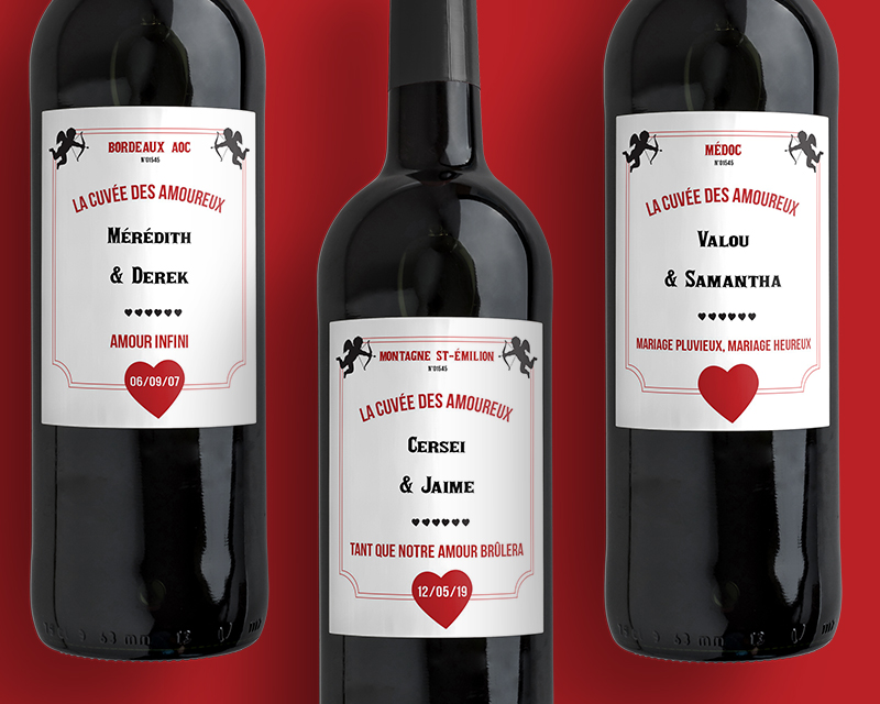 Bouteille de vin de Bordeaux personnalisée couple - Cupidon