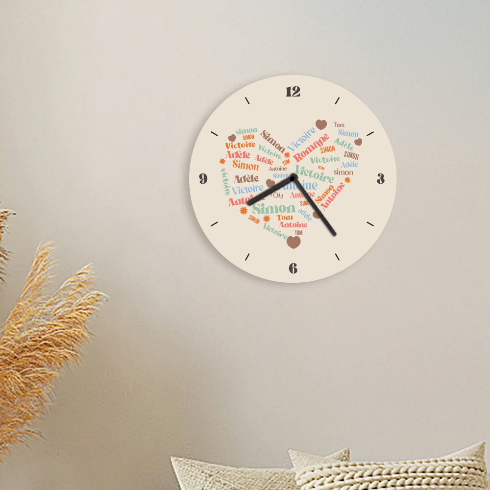 Horloge personnalisée – Cœur et prénoms de famille