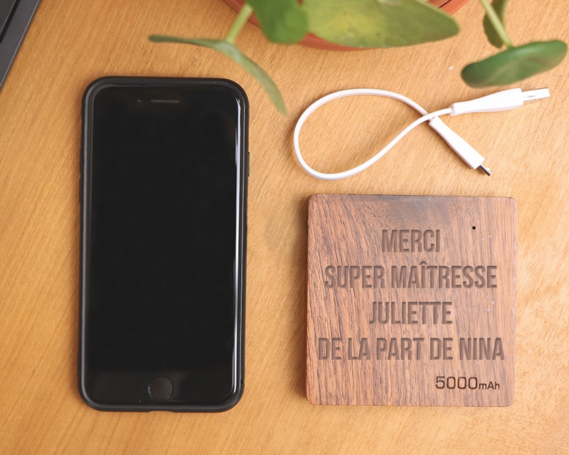 Batterie Externe en bois personnalisable 5000 mAh - Merci Maitresse, Maître, Prof