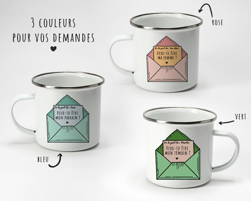 Joli mug en émail personnalisable à offrir pour une demande en mariage, fiançailles, parrain, marraine...