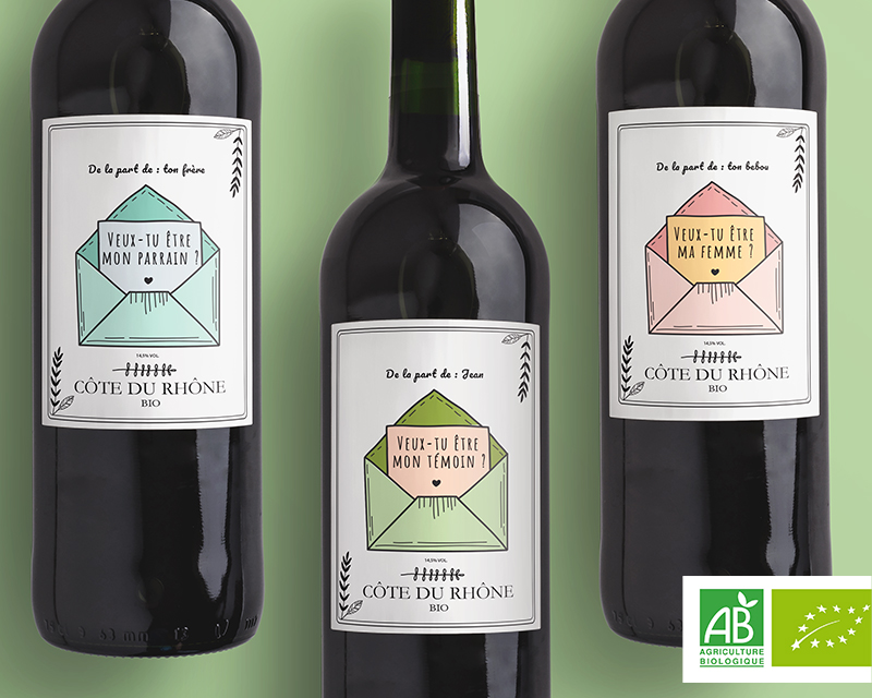 Bouteilles de vin Côte du Rhône Bio étiquettes personnalisées avec le message de votre choix