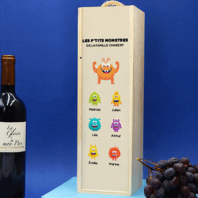 Bouteille et caisse à vin personnalisée - Famille Monstres