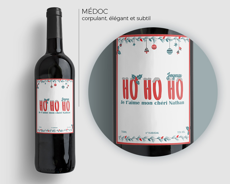 Bouteille de vin Médoc étiquette Noël personnalisable