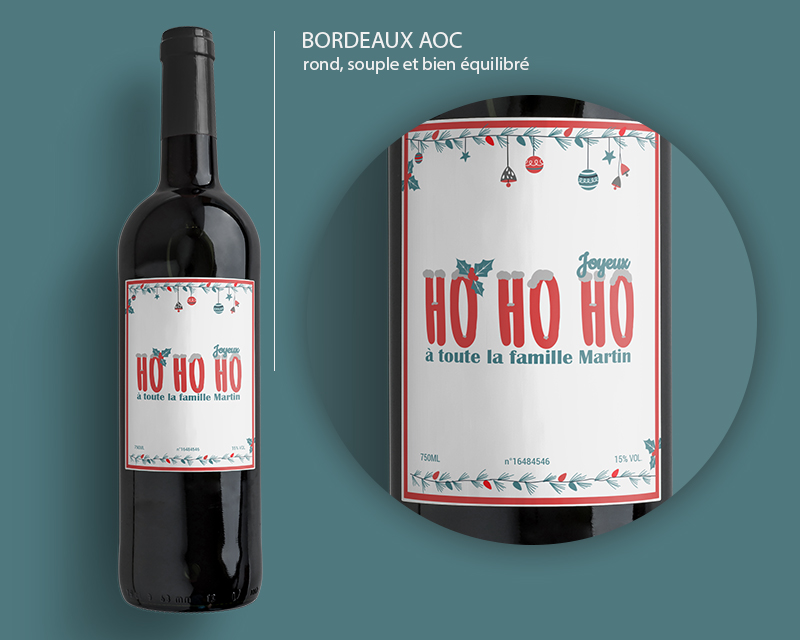 Bouteille de vin Bordeaux AOC étiquette Noël personnalisable