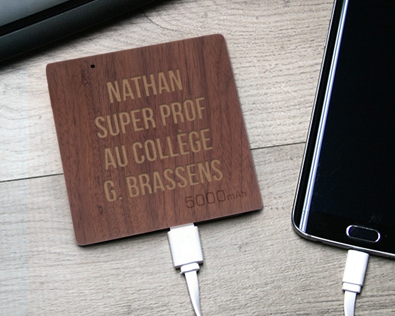 Batterie Externe en bois personnalisable 5000 mAh - Merci Maitresse, Maître, Prof