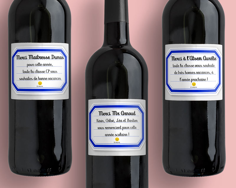 Trois bouteilles de vins de Bordeaux personnalisées avec des messages de remerciement pour les maîtresses et les maîtres
