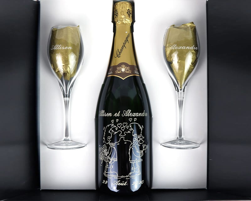 Bouteille de champagne personnalisée gravée - Avec flûtes à champagne