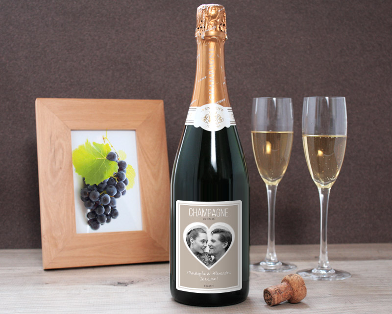Bouteille de champagne personnalisée photo et message - Coeur Photo