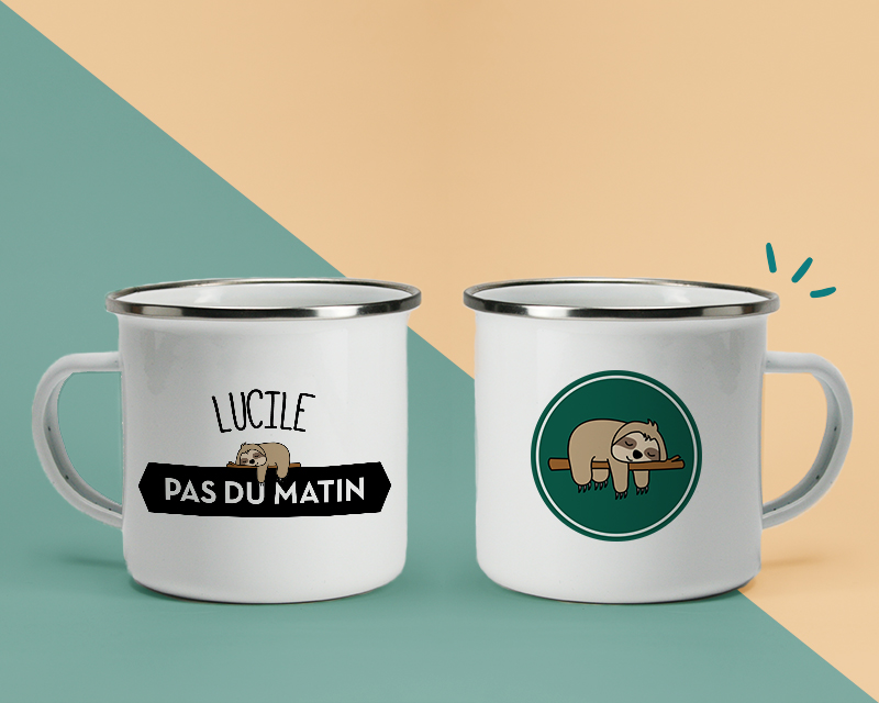 Mug émaillé Personnalisable - Pas du matin - Collection Paresseux