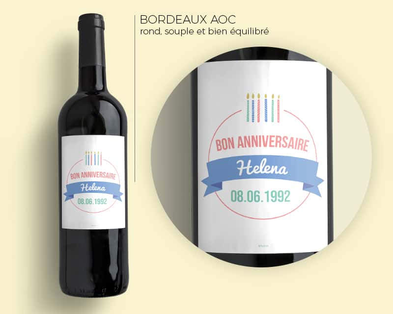 Bouteille de vin de Bordeaux personnalisée anniversaire - Bougies Bleu