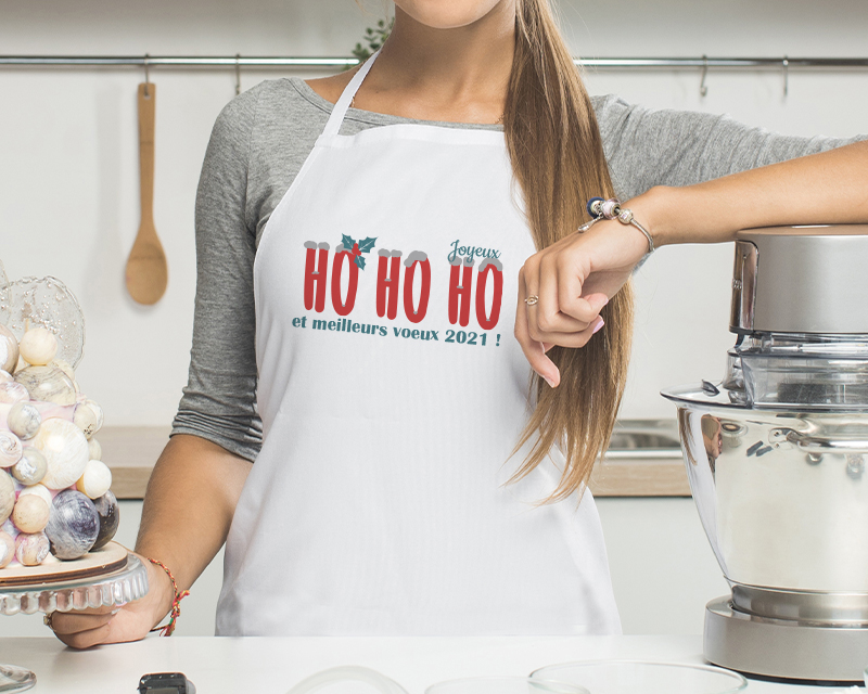 Tablier blanc de cuisine pour Noël avec le message du père Noël Ho Ho Ho